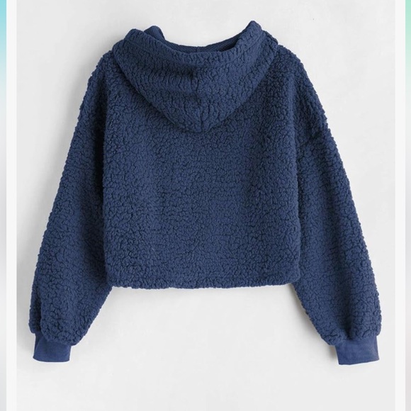 NWT Women's Navy Blue Pullover Crop Hoodie Loose Fit Fuzzy Faux Fur Sweatshirt - Picture 2 of 7